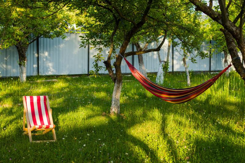 In einem Garten spenden zahlreiche Bäume Schatten, während die Sonne brennt 