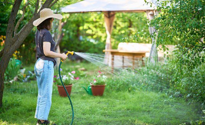 Frau-im-Garten-beim-Pflanzen-bewässern